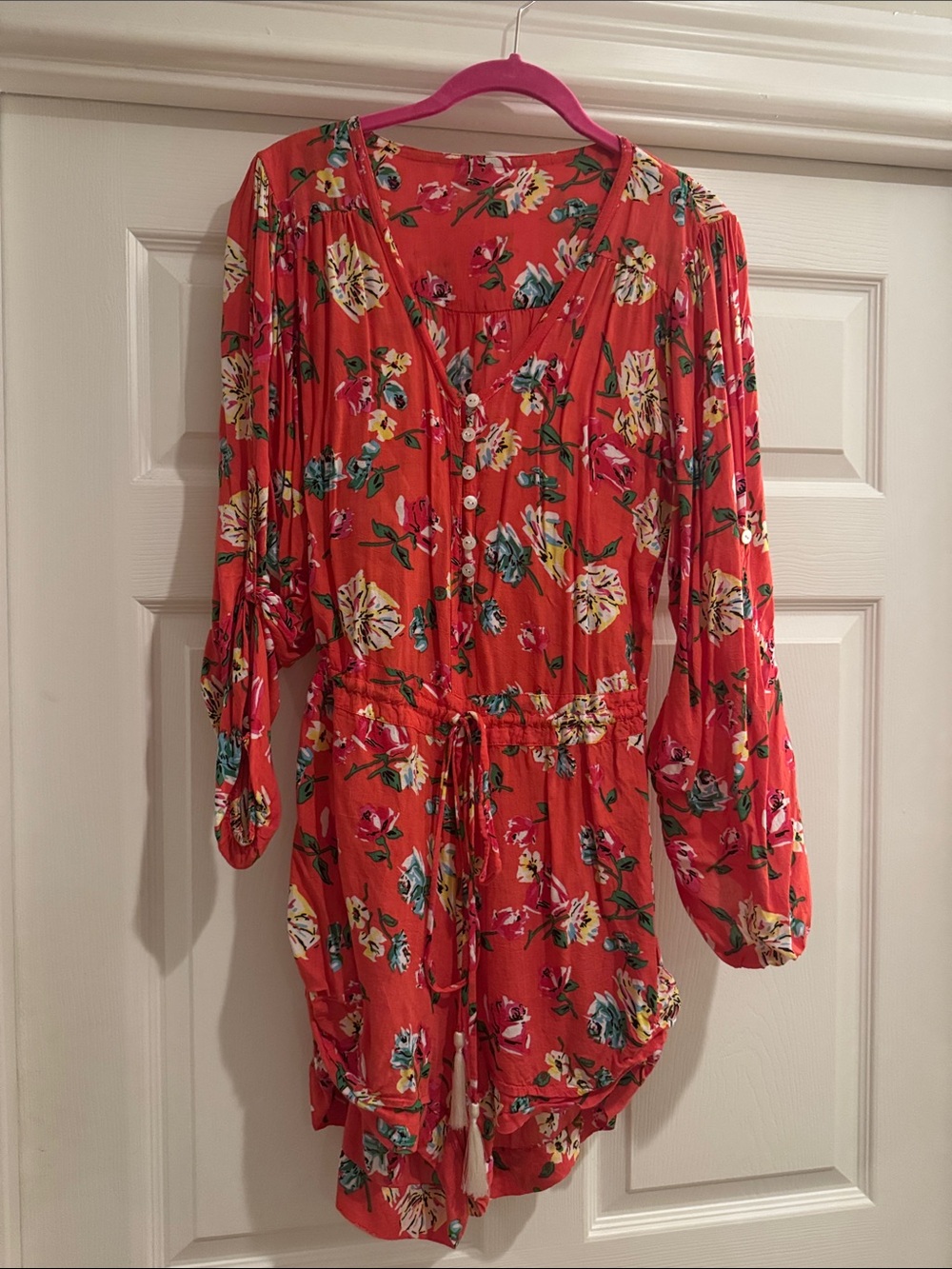 Spell Coral Floral Romper with Green, Yellow & White Accents